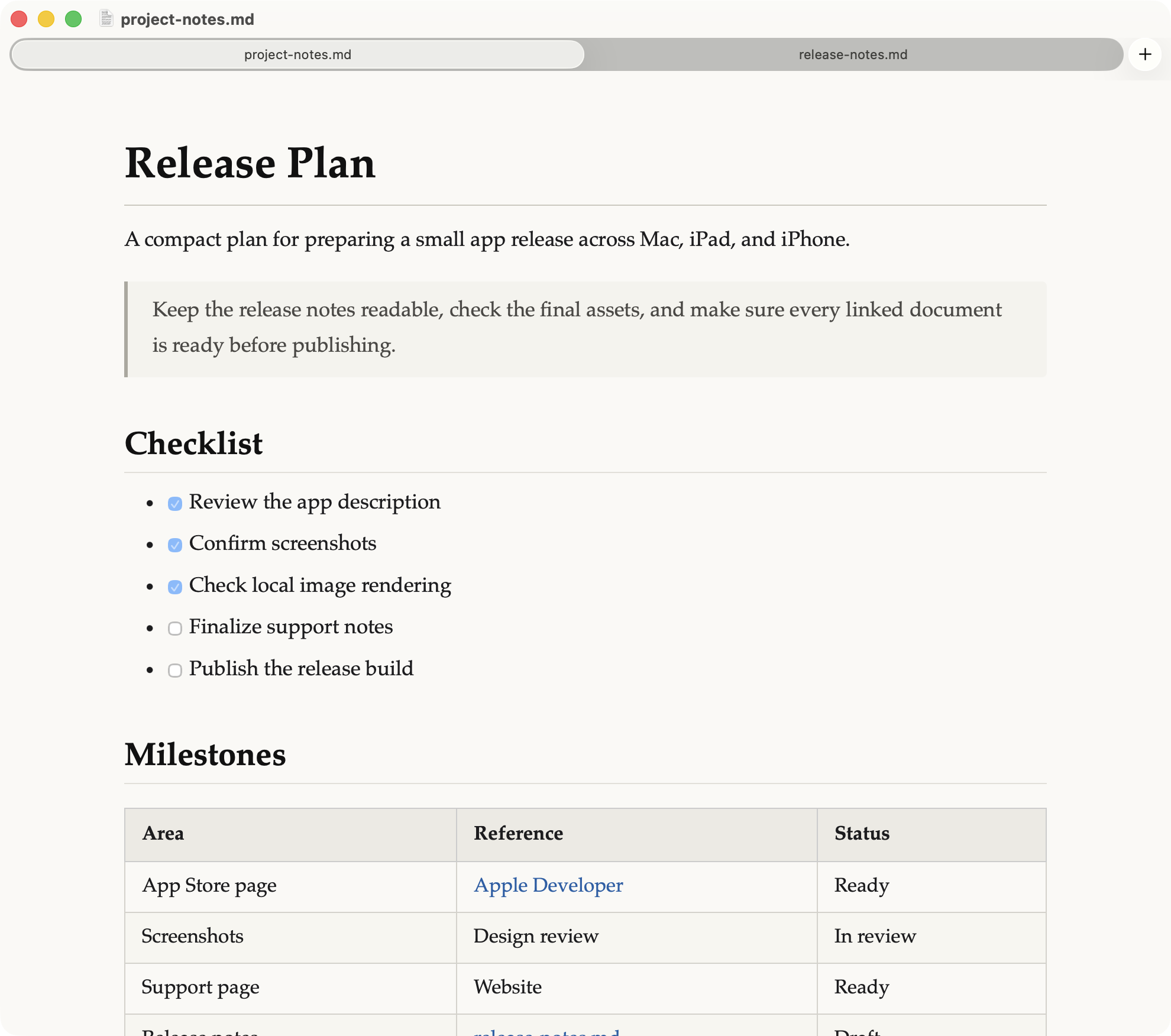 Preview of Meow & Purr rendering a Markdown document